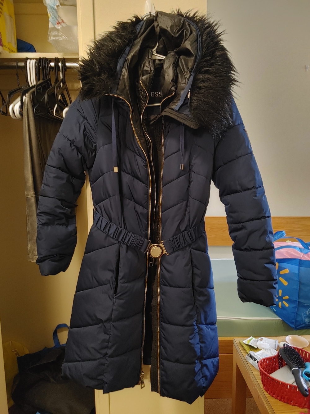 GUESS Navy Quilted Long Puffer Coat with Faux Fur Hood